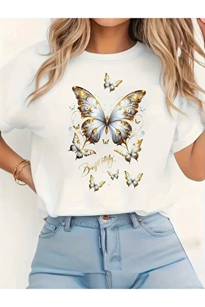 herkesemoda تي شيرت أساسي بتفاصيل طباعة الفراشات