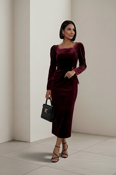 ALFUDO Moda Collection Rochie de seară midi din catifea cu guler pătrat