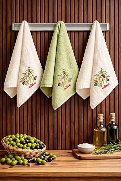 Binna Soft طقم مناشف مطبخ ناتشورال تاتش 3 قطع 100% قطن مطرز 30 × 50 سم