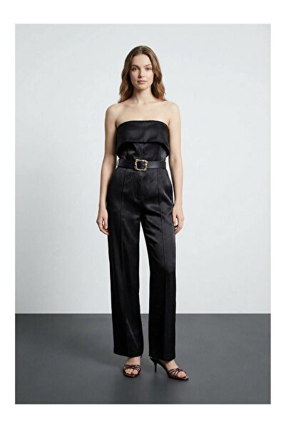 Coral Parlak Kumaşlı Kemerli Straplez Tulum Tlm01379 Siyah