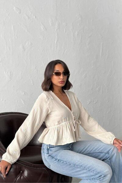 CKM MODA Lioria Embroidered Tie-Up V-Neck Blouse Stone