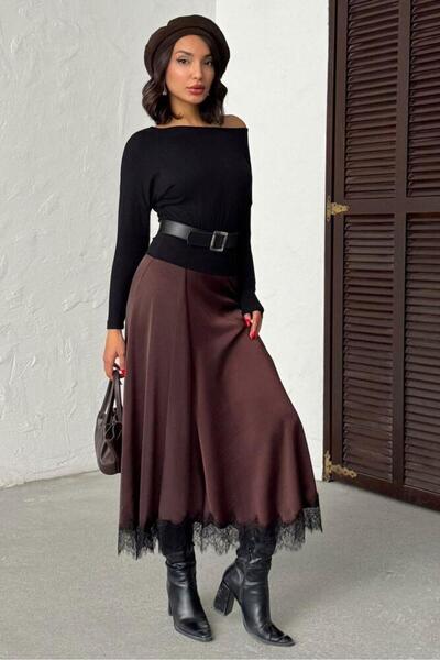 CKM MODA Lua Lace Detailed Satin Midi Skirt Brown
