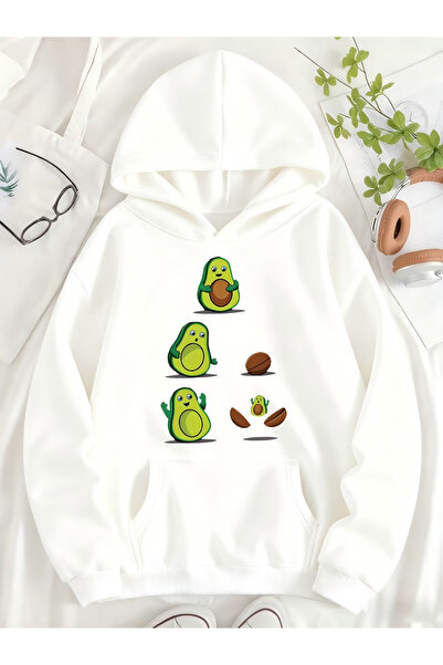 ALEYZA MODA Avokado Printed Hooded Pocket Cotton Beige Sweatshirt