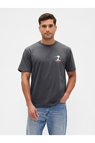 GAP Erkek Koyu Gri Peanuts Everyday Soft Relaxed Grafik Baskılı T-Shirt