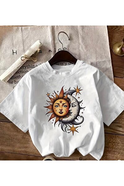 herkesemoda Basic T-Shirt with Moon and Sun Print Detail