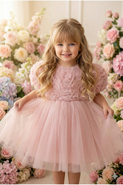 ALYRA Rochie pentru fetițe cu mânecă scurtă, tutu din tul cu trandafiri 3D și...