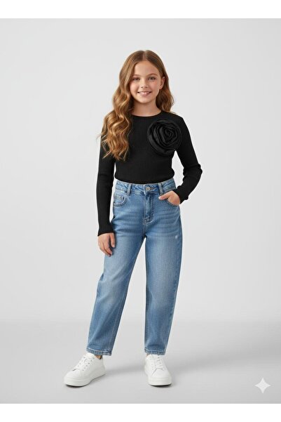 SONGÜLBERİK Girl's Ribbed Knit Rose Detailed Blouse