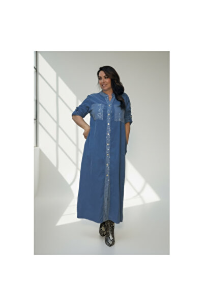 FeteRL Velvet Shirt Dress with Sequins, Baby Blue