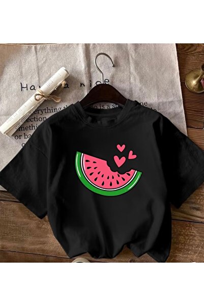 herkesemoda Basic T-Shirt with Watermelon Print Detail