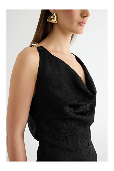 Coral Tek Omzu Aksesuarlı Elbise Elb01457 Siyah