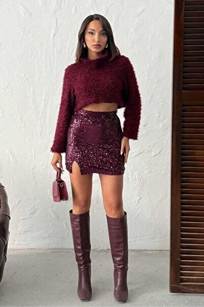 CKM MODA Astra Sparkling Slit Mini Skirt Plum