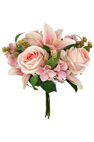 Nettenevime باقة زهور صناعية وردية اللون مكونة من 6 فروع من الورد والزنبق وزه...