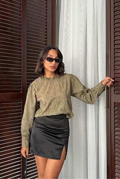 CKM MODA Sofia embroidered d Mock Neck women's blouse khaki