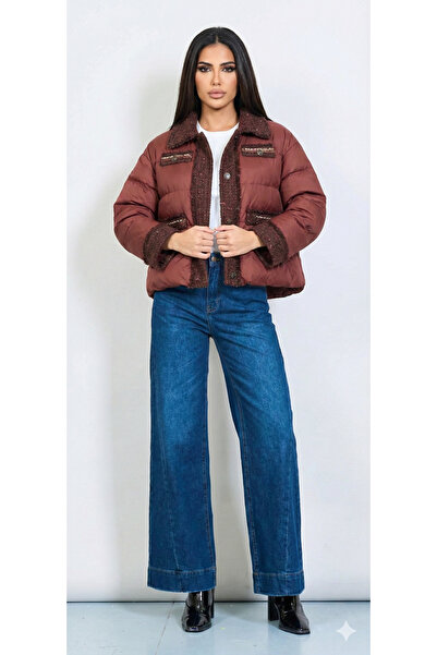 NO NAME Premium Puffer Jacket with Textured Details – Burgundy Brown