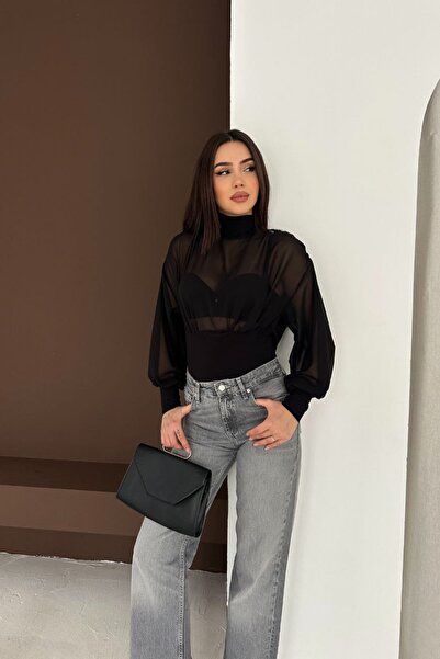 The Robi Women's Black Mock Neck Balloon Sleeve Open Back Detailed Transparen...