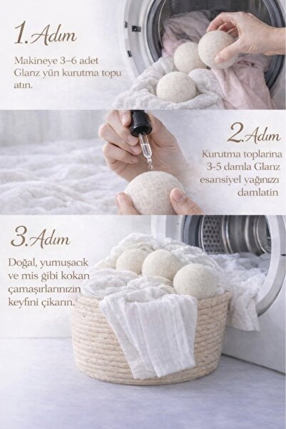 Glanz 3 Adet Yün Keçe Çamaşır Kurutma Topu 7 - 8 CM + 30ml Esans Koku Hediye - Doğal Ürün