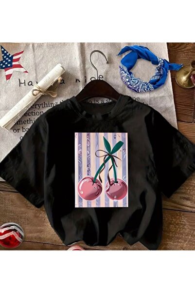 herkesemoda Basic T-Shirt with Cherry Print Detail