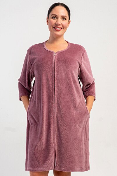 VİENETTA Women's Plus Size Velvet Fabric Capri Sleeve Zippered Purple Home Dr...