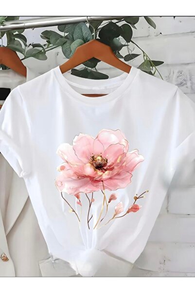 herkesemoda Basic T-Shirt with Pink Rose Print Detail
