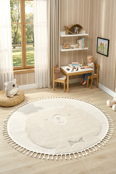 Eliz Home Yuvarlak Daire Dokuma Halı Krem Ayıcıklı Bebek Odası Çocuk Odası Ge...