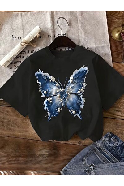 herkesemoda Detaliu cu imprimeu fluture albastru basic tricou