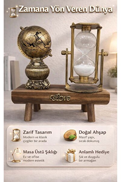 FaroxTech Dekoratif Ahşap Kaideli Kum Saati ve Dünya Küresi Seti - Vintage Ma...