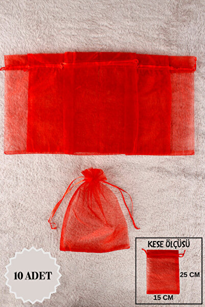 Mortex Kırmızı Düz Organze Tül Kese 10 Adet 15x25 Cm Kına Havlu Düğün Çeyiz H...