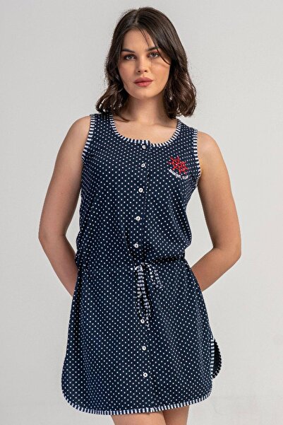 VİENETTA Women's Thick Strap Front Buttoned Navy Blue Nightgown Tunic C2T7N3305