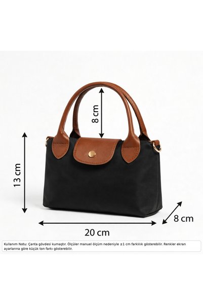 Güce Mini Fabric Black, Tan Leather Detailed, Gold Color Accessories, Strap Women's Hand and Shoulder Bag