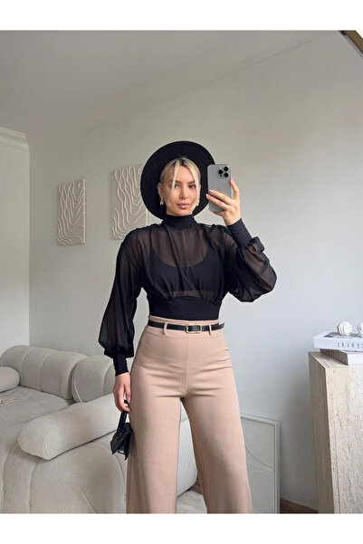 Zora Butik Sırt Dekolteli Şifon Bodysuit - SİYAH