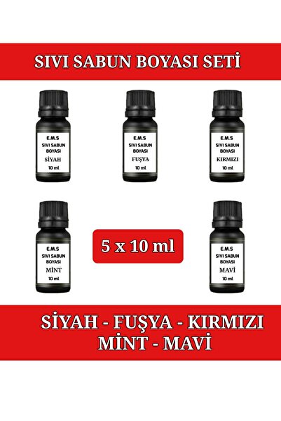 E.M.S AVM SIVI SABUN BOYASI SETİ 5 ADET X 10 ML SİYAH-FUŞYA-KIRMIZI-MİNT-MAVİ...