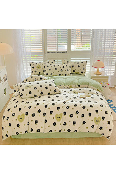 FIONNA.RO Cocolino 4-Piece Bed Linen with Fitted Sheet - Green with Black Flo...