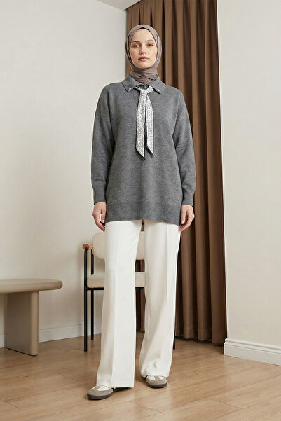 MODAQU Scarf Polo Collar Knitwear Tunic - Smoked