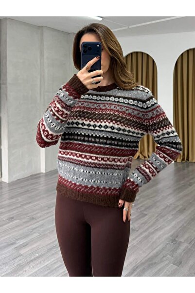 Coral Etnik Desenli Kazak 3197 Kahve