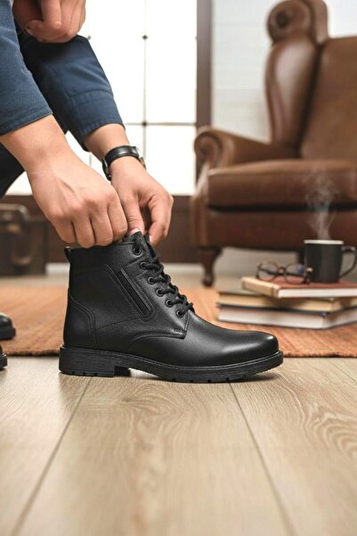 enoch Genuine Leather Men's Boots with Side Zipper and Laces