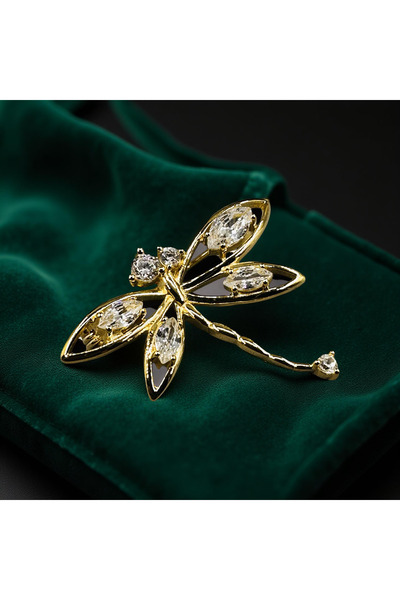 ZEY 925 Ayar Gümüş Altın Rengi Zarif Taş Detaylı Yusufçuk Figürlü Broş Hediyelik