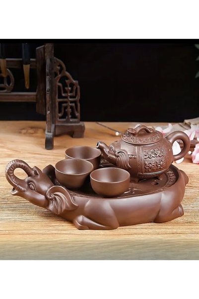 PİRAMİGO Geleneksel Çin Çay Seti Mor Kil Fil Figürlü Feng Shui Şans ve Bereke...