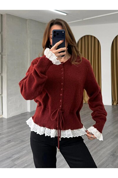 Coral Eteği Ve Kolu Dantelli Hırka 75301 Bordo