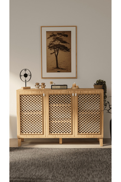 KARABUDAK TİOS Atlantik Çam 3 Kapaklı Konsol Dolap Raflı Ahşap Görünümlü Salo...