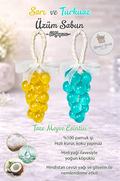 RenkliİzlerAtölyesi Handmade Grape Bunch Soap (Set of Two with Yellow-Turquoi...