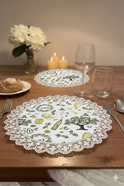 Rona Home Olive Patterned Lace Edged Placemat - 40 cm Round Digital Printed S...