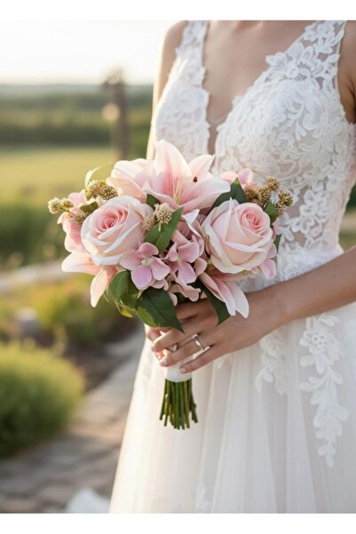 Nettenevime باقة زهور صناعية للعروس باللون الوردي الفاتح من الورد والزنبق وزه...