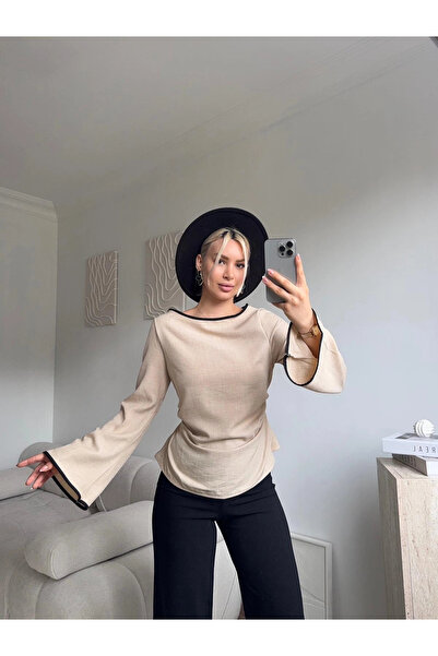 Zora Butik Kontrast Biyeli Bağlamalı Bluz - BEJ