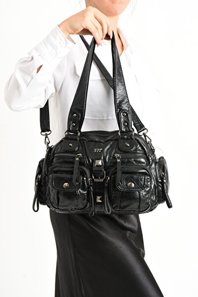 DUOMİNO Washed Leather Black Multi-Compartment Crossbody and Shoulder Bag / S...