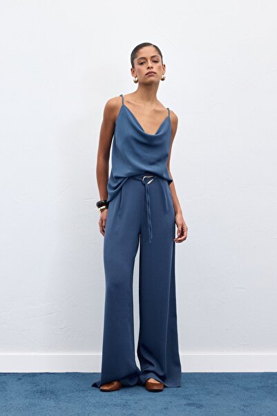 Sateen Belted Casual Trousers - Indigo
