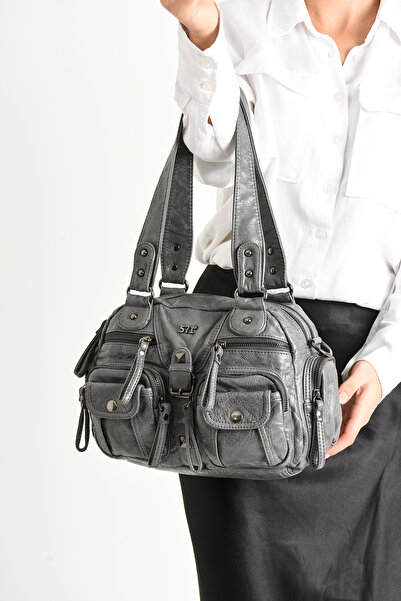 DUOMİNO حقيبة كروس وحقيبة كتف متعددة الأقسام من الجلد الأسود القابل للغسل / ح...