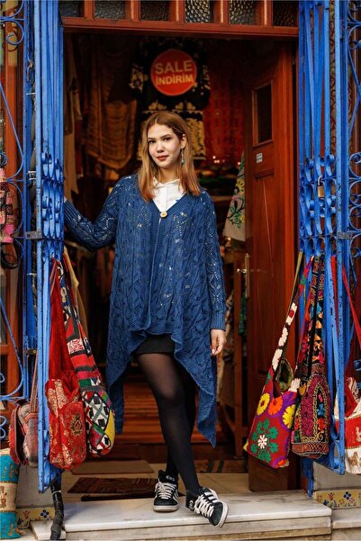 Miss Boheme Navy Blue Color Single Button Detailed Loose Cardigan