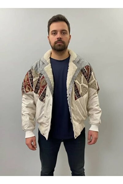 CANMODA (7658) Jachetă vintage aztecă cu guler din blană Recien, stil oversiz...