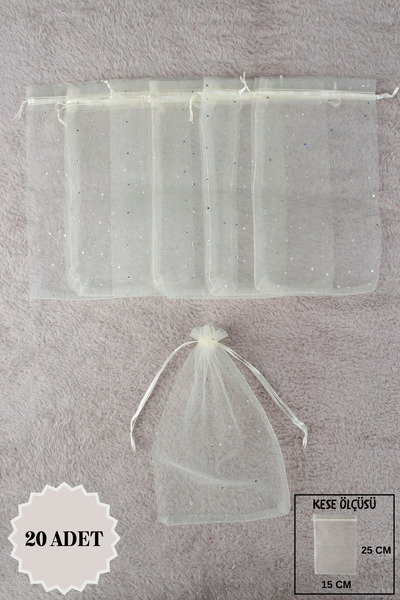 Mortex Krem Pul Baskılı Tül Kese 20 Adet 15x25 Cm Kına, Havlu, Düğün, Çeyiz H...