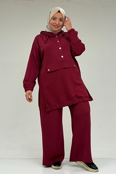 Eslina 47089 Plus Size Half Placket Hooded Pants Modal Set - Burgundy